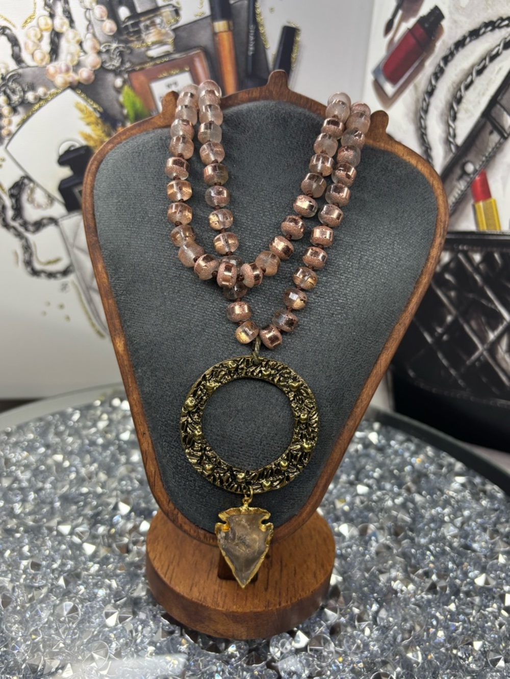 Rose Gold tiger's eye beaded Necklace with Ornate Gold Circle Pendant - Picture 8 of 8